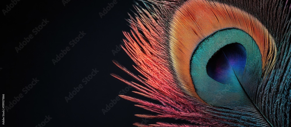Poster elegant peacock feather showcasing vibrant colors and intricate details on a deep black background w