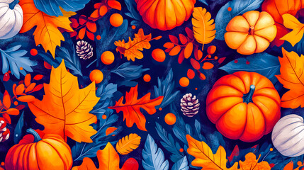 Happy Thanksgiving Day background with festive lettering and seasonal illustrations, featuring autumn leaves, pumpkins, and holiday decor