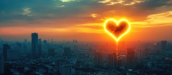 Heart-Shaped Sunset Over Urban Cityscape in Vibrant Orange and Yellow with Soft Blue Skies and Empty Copy Space for Inspirational Text