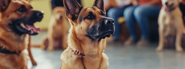Canine Training Session with Focused German Shepherds and Attentive Audience in Bright Indoor Space with Soft Lighting and Neutral Tones