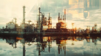 Fototapeta premium Industrial Refinery Complex Reflected in Calm Water at Sunset