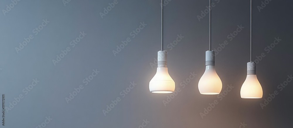 Poster energy efficient led lighting fixtures hanging against a soft blue gray background with empty space 