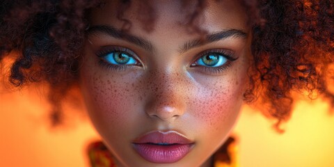 Obraz premium Stunning Close-Up Portrait of a Young Woman with Freckles and Curly Hair
