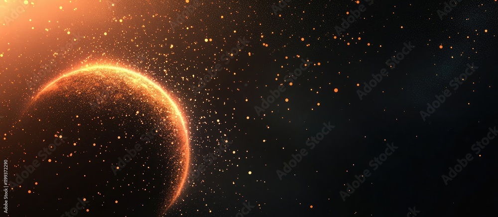 Aufkleber expanding glowing sphere with luminous particles in cosmic light against dark space background with 