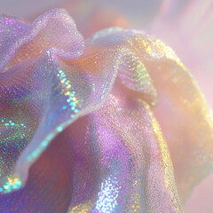 A close-up of iridescent fabric with a soft, shimmering texture. The fabric displays a blend of...