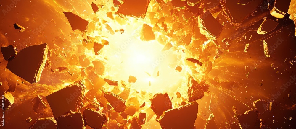Aufkleber fractured energetic void radiating glowing orange and yellow fragments in abstract space with ample 