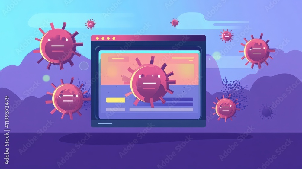 Poster a digital illustration of virus spreading with animated red virus and website interface