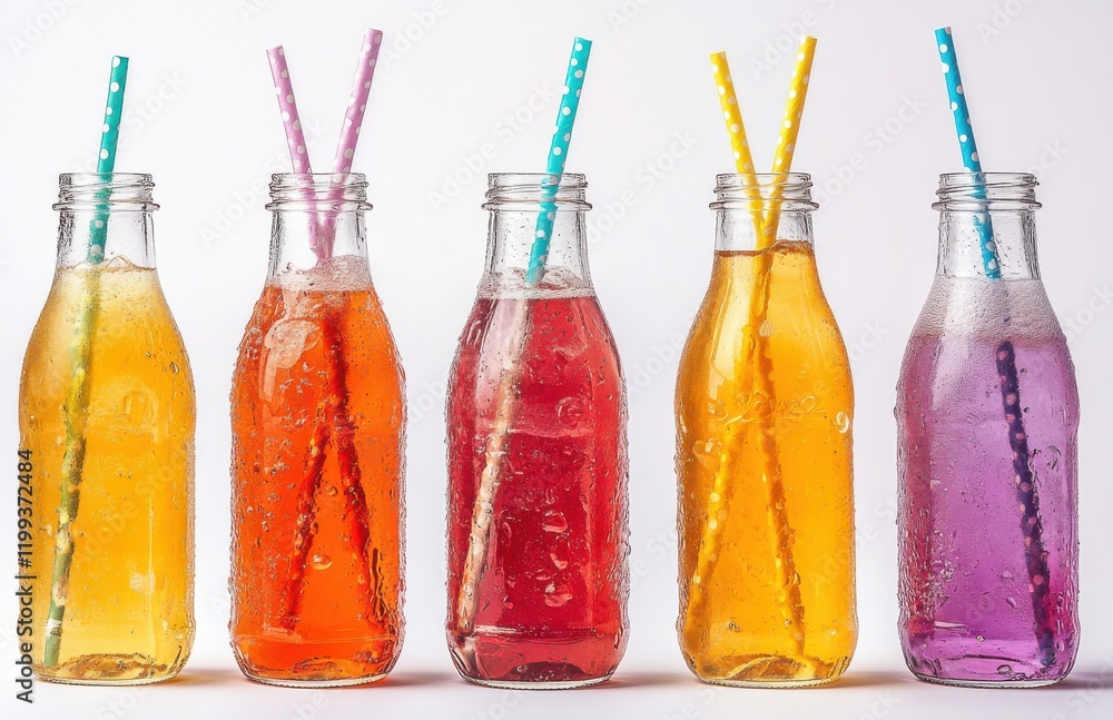 Poster colorful bottled drinks with straws displayed in a row on white background, ideal for refreshing bev