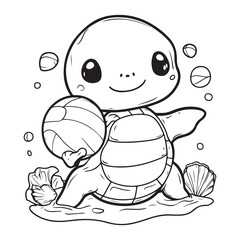 A cute cartoon turtle playing with a ball in the water, surrounded by bubbles and seashells