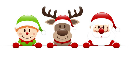 Elf Rentier Und Weihnachtsmann Horizontales Banner Dunkelrot