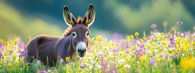 Donkey with large ears in a colorful meadow filled with wildflowers in soft focus, capturing the essence of nature with ample space for text.