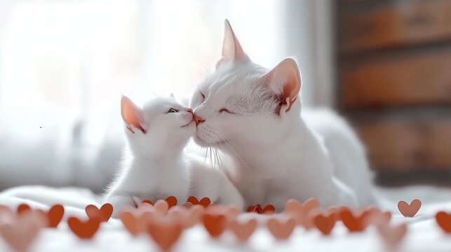 A heartwarming moment of a mother cat lovingly kissing her kitten amidst scattered hearts. The image radiates affection, warmth, and maternal care, making it perfect for themes of love and family