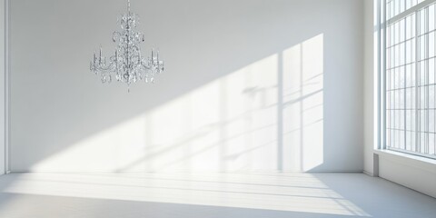 Fototapeta premium Bright white interior featuring an elegant crystal chandelier reflecting light with soft shadows and ample empty copy space for text.