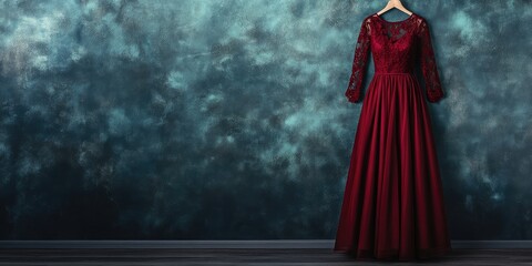Elegant burgundy evening gown with lace sleeves and organza skirt displayed on a wooden hanger against a textured teal and gray background, ideal for formal events and special occasions