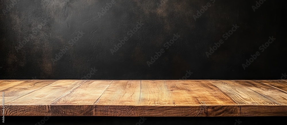 Poster inviting modern interior featuring a warm wooden desk in a minimalist setting with a dark textured b