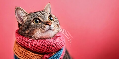 Stylish tabby cat wearing a vibrant multicolored scarf against a soft pink background with ample blank space for promotional text and pet fashion concepts