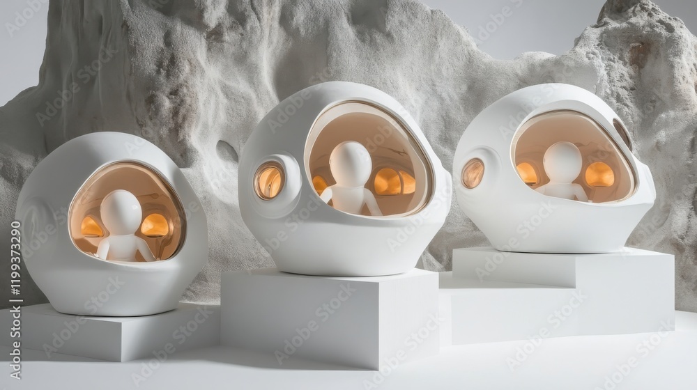 Poster futuristic minimalist sculptures of humanoid figures in pod-like structures against a textured backd