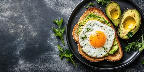 Stylish breakfast composition with toasted whole grain bread topped with avocado, fried egg, fresh herbs, and empty space for text on dark slate surface