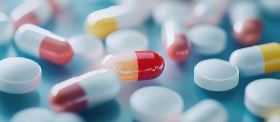 Defocused close up of colorful pharmaceutical capsules and tablets on a blue laboratory surface, symbolizing medical research and drug development concepts.