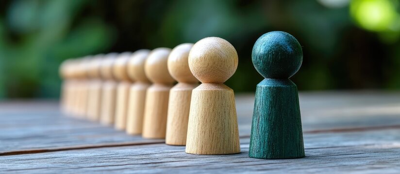 Corporate Leadership Concept with Wooden Figurines on Rustic Table, Green and Beige Colors, with Empty Space for Text or Message