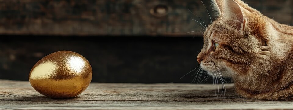 Cat Observing Shiny Gold Egg on Rustic Wooden Surface with Empty Space for Text