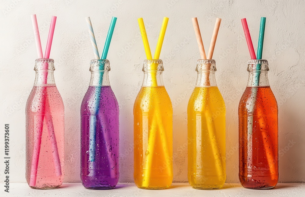 Poster colorful bottles of refreshing soft drinks with straws displayed on a light background, perfect for 