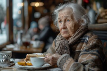 An elderly woman in a cozy cafe, enjoying a cup of tea while reflecting on life, surrounded by a warm atmosphere.
