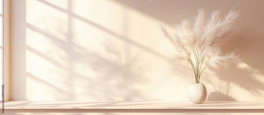 Poster pastel minimalist interior with feather tree in white vase on windowsill and soft shadow play, ideal