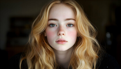 Fototapeta premium Stunning portrait of a young woman with long, wavy blonde hair and freckles. Her expressive green eyes and delicate features create a captivating image.