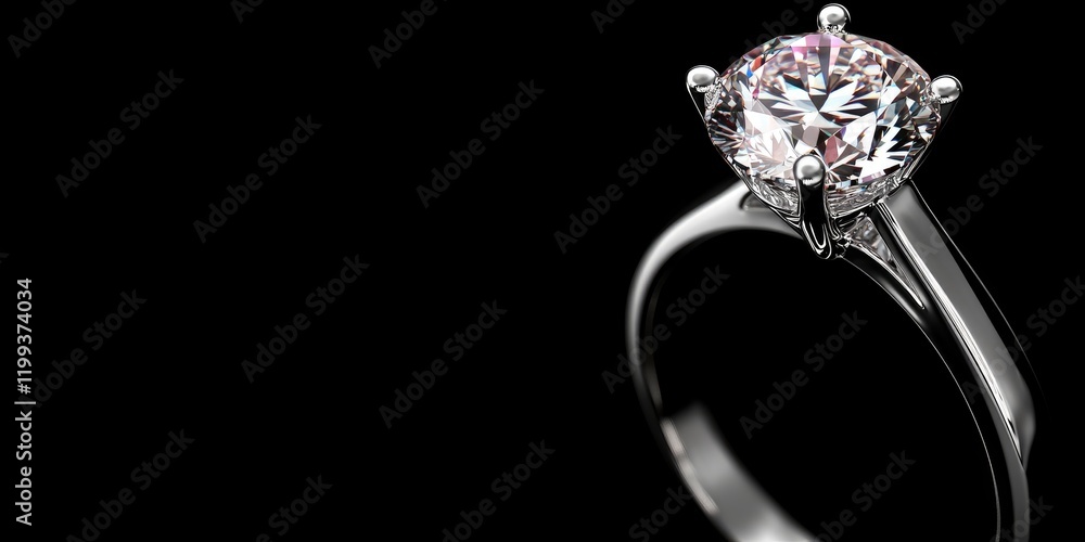 Poster close up of a sparkling diamond solitaire ring on a dark background with empty space for text showca