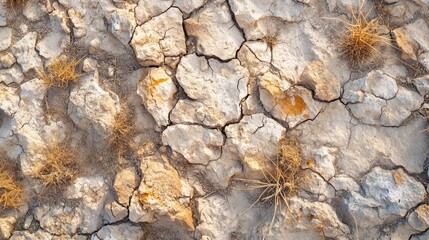 Aerial view of dry cracked desert terrain featuring stones and sparse vegetation, with ample space for text insertion.