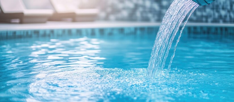 Serene blue pool with a modern faucet pouring clear water creating ripples, symbolizing tranquility and relaxation, ideal for wellness themes.