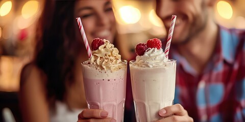 valentines day couple sharing a milkshake with two straws