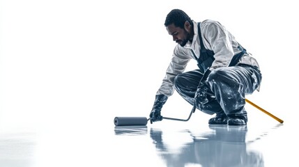 Obraz premium An Indian industrial painter coating large surfaces with a roller, isolated on a seamless white background,