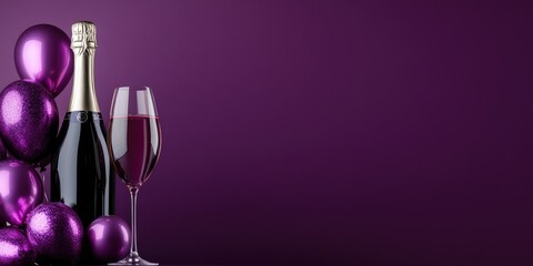 Champagne bottle with purple decorative balloons and glass on purple background with empty space for text celebration themed photography