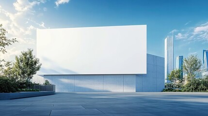 Obraz premium A mockup of an empty white billboard on the side of a modern concrete building with a blue sky background. 