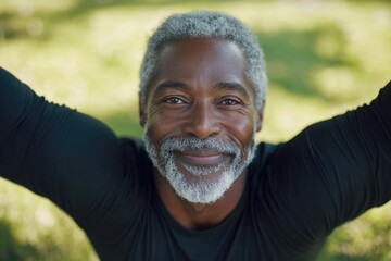 Older man with grey beard relaxing, smiling at camera; outdoor setting