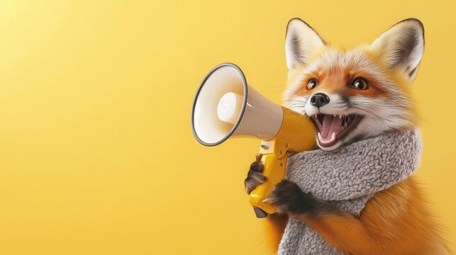 A cheerful fox wearing a cozy gray scarf, holding a megaphone against a bright yellow background, speaks loudly into a microphone, promotion, sale and discounts, message and important information