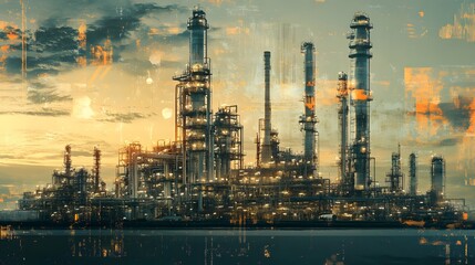 Fototapeta premium Industrial Refinery Complex at Sunset Golden Hues