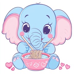 Blue elephant with pink ears eats noodles with chopsticks, love hearts, cartoon, for kids
