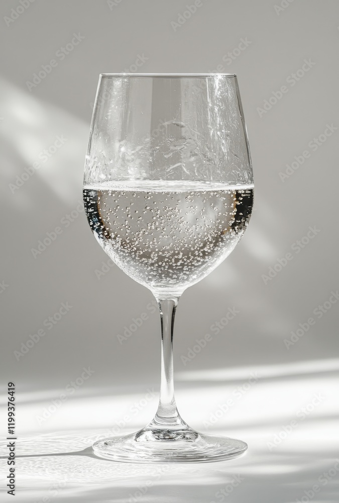 Poster crystal clear glass of sparkling water with bubbling effervescence illuminated by soft natural light