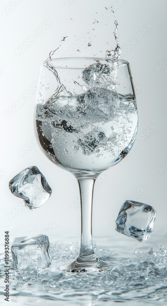 Poster crystal clear water splashing in a elegant glass with ice cubes, capturing refreshment and coolness 