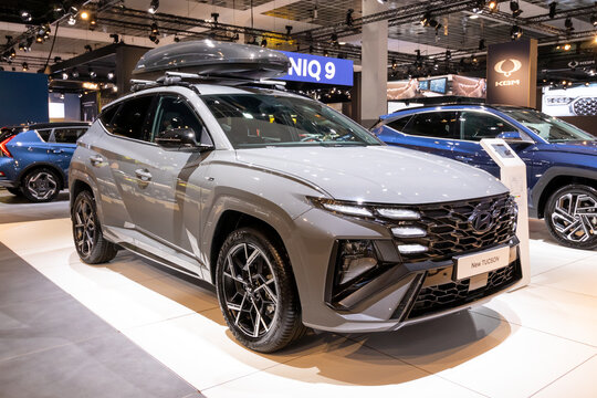 Hyundai Tucson N-Line(2025) Hybrid SUV car at the Brussels Motor Show. Brussels, Belgium - January 10, 2025.