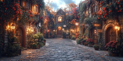Fototapeta premium Enchanted Autumn Village Street: A Cozy Fall Evening