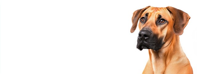 Obraz premium Portrait of a gentle brown dog gazing at the camera against a bright white background with ample empty space for engaging textual content.