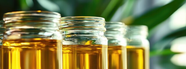 Dome arrangement of transparent jars filled with yellow algae oil on green backdrop