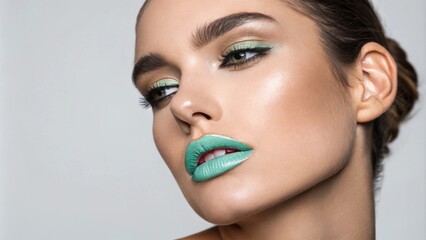 A portrait displaying a chic look with teal initially blending into a soft mint green the high gloss amplifying the unique color choice and accentuating the contours of her lips.