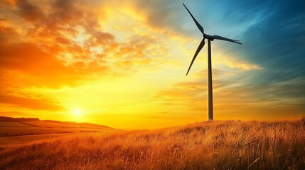 Obraz premium Dramatic sunset view showcasing a wind turbine in a vibrant landscape