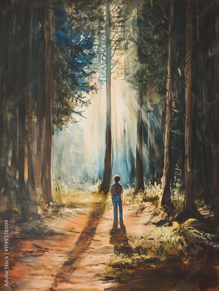 Poster youth exploring a serene forest path illuminated by sunlight streaming through trees