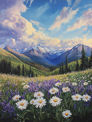 Obraz premium Exploring stunning mountain vistas with a youth group in a vibrant floral landscape